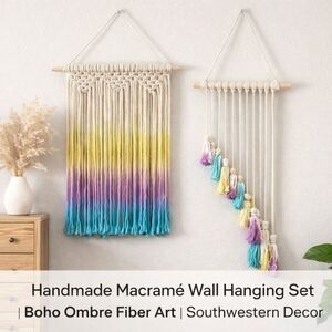 Handmade Macrame Wall Hanging Set | Boho Ombre Fringe Fiber Art | Southwestern D